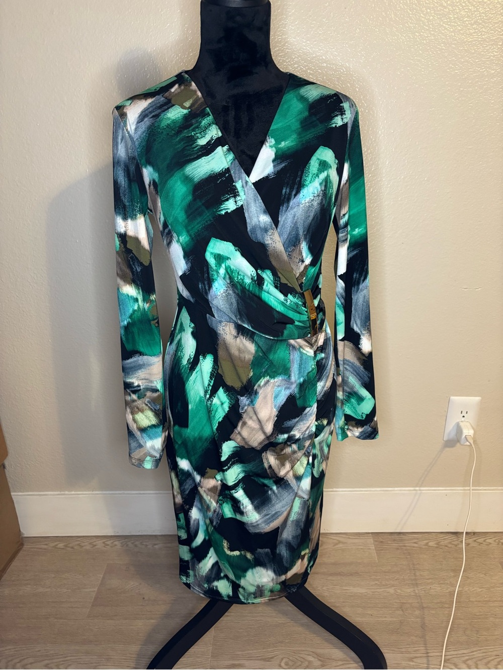 Joseph Ribkoff Green Abstract Print Wrap Long Sleeve Women's Dress Size Medium